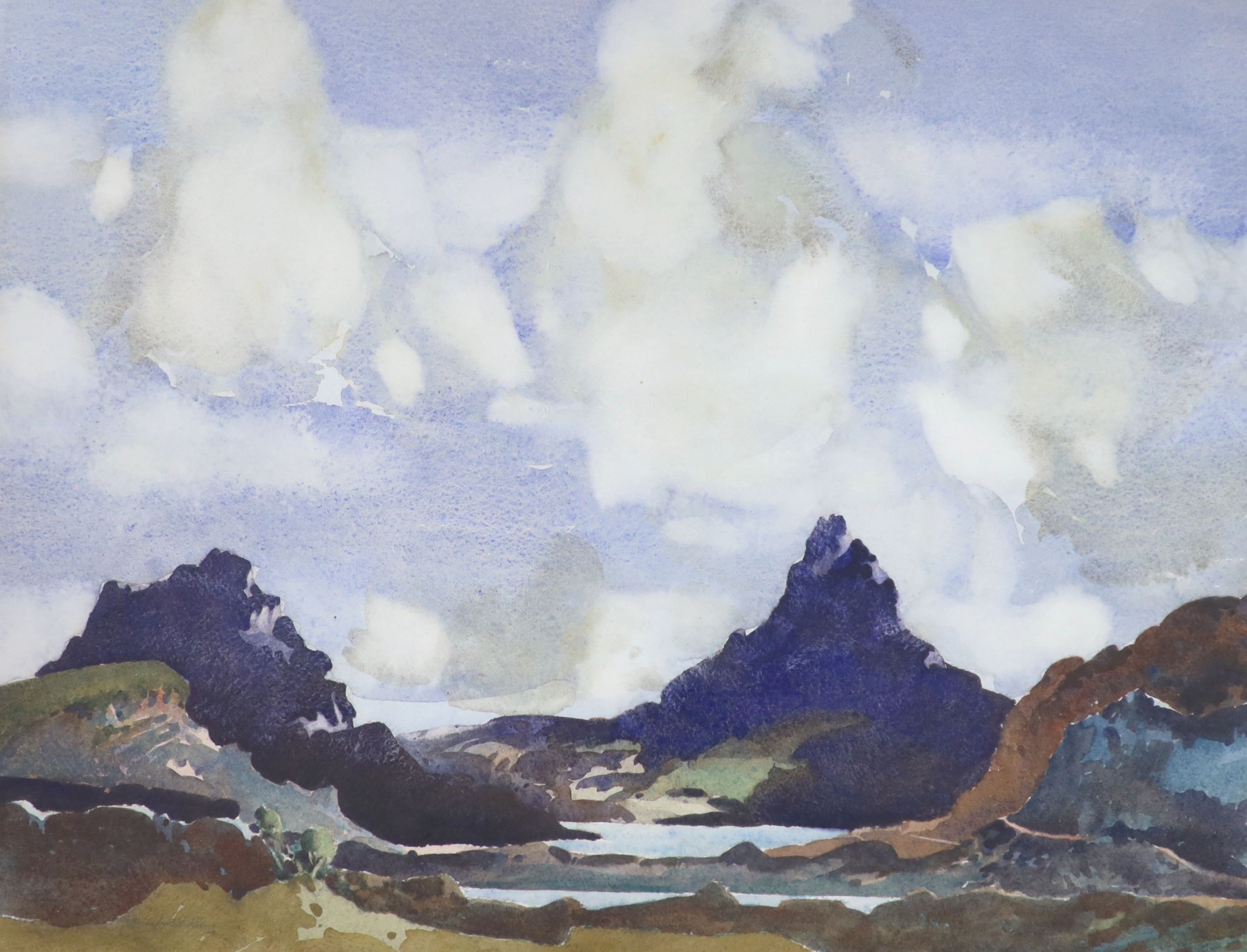 Kenneth Cuthbertson (fl.1920-1952), watercolour, Evening, Loch Lurgainn, signed with label verso, 43 x 56cm.